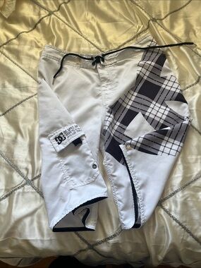 DC White and Black Plaid Men’s Swim Trunks with Drawstring